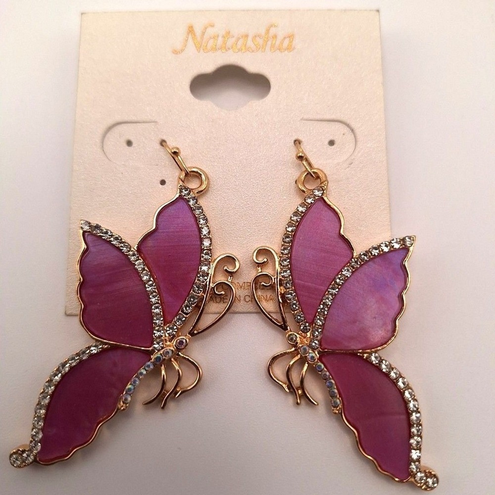 Natasha butterfly drop earrings clear rhinestones purple enamel gold tone
